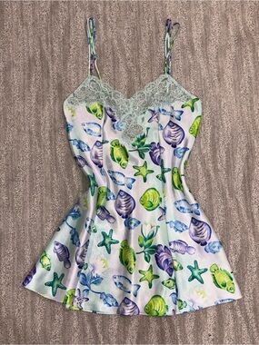 VTG Victoria’s Secret Aquatic Print Mini Slip Dress Satin Lace Trim Women’s Sz S